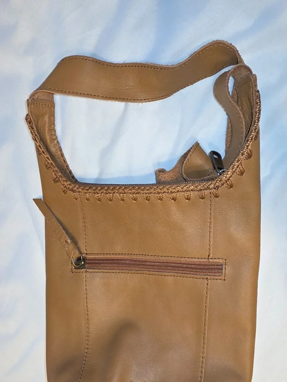 The Sak Asher Leather Crossbody Bag Neutral Tan Soft Strap Stitched Crochet Trim